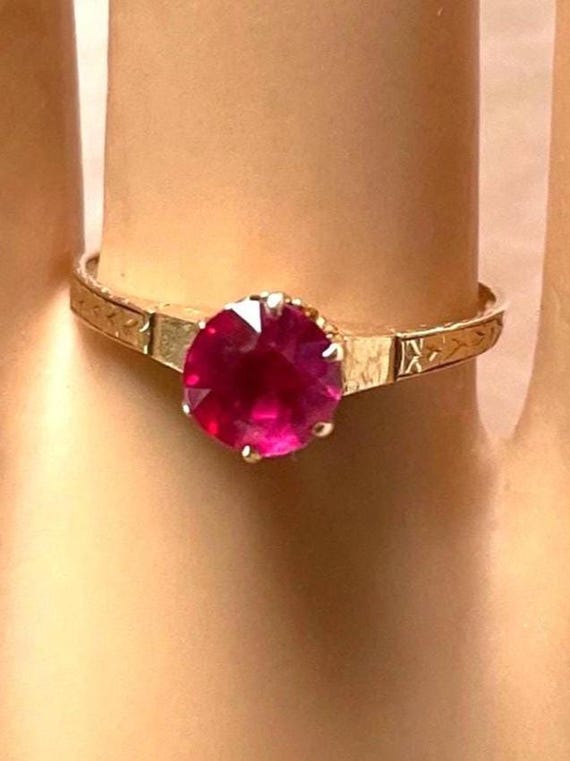 RUBY 14K Gold Solitaire Ring - Round Ruby - Ladie… - image 5