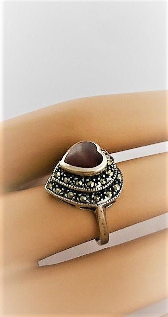 CARNELIAN 925 HEART Ring - Marcasite - Vintage - M