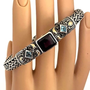 KI 925 Sterling Silver 18K Gold IOLITE Blue Topaz Cable Cuff Bracelet - KI International - Estate Vintage