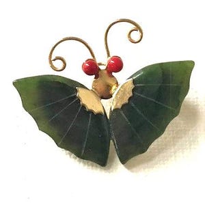 Butterfly Pin Brooch - JADE and Red Coral BUTTERFLY Pin or Pendant - Adorable - Estate Vintage