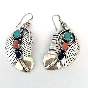 NAVAJO Sterling 925 Large Long FEATHER Dangle Pierced Earrings - Coral Turquoise Lapis Gemstones - Estate Vintage