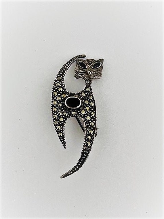 CAT PIN STERLING - Art Deco Style - Marcasite - 92