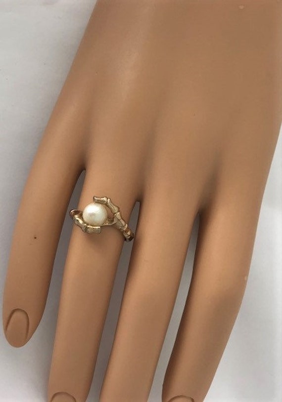 Gold 14K BAMBOO Design PEARL Ring - Ladies - Vinta