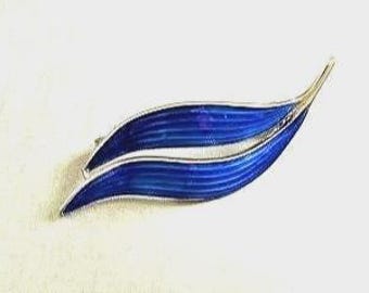 NORVÈGE Broche en argent sterling 925 avec feuille en émail bleu - Broche scandinave - Vintage Estate