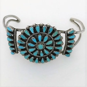 ZUNI JUDY WALLACE Turquoise Petit Point Needle Point Sterling Silver 925 Cuff Bracelet - J Wallace - Estate Vintage