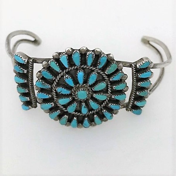 ZUNI JUDY WALLACE Turquoise Peti Point Needle Point Sterling Silver 925 Cuff Bracelet - J Wallace - Estate Vintage