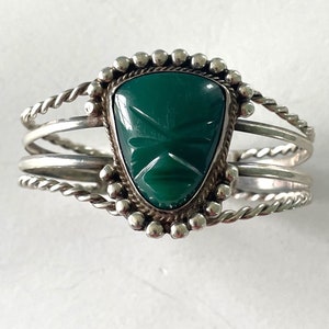 AZTEC TRIBAL Mask or Face 925 Sterling Mexico Green Onyx CUFF Bracelet - Estate Vintage