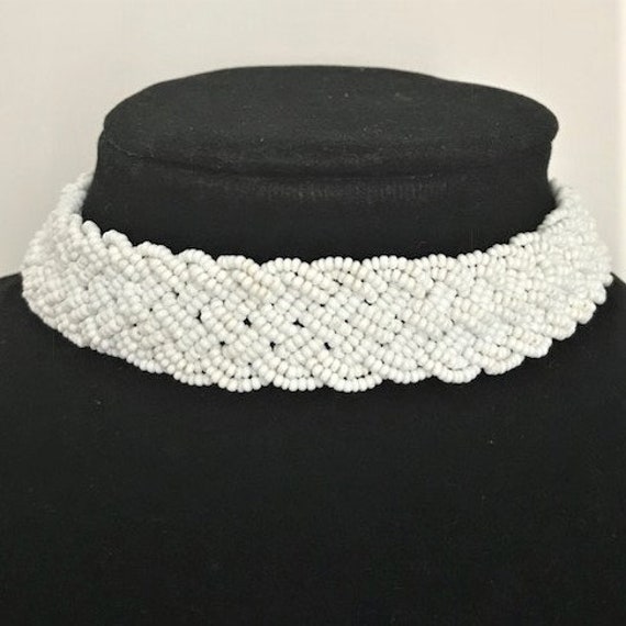 WHITE GLASS MICROBEAD Choker Necklace - Vintage - image 1