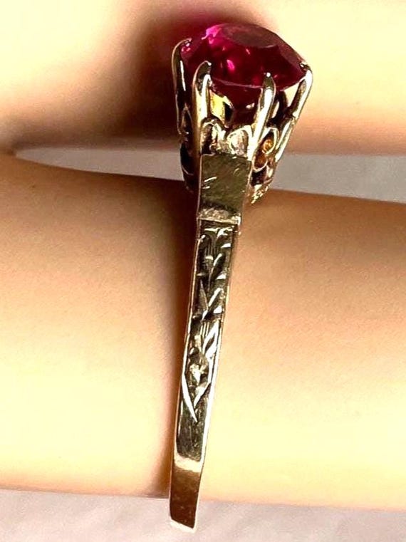 RUBY 14K Gold Solitaire Ring - Round Ruby - Ladie… - image 2