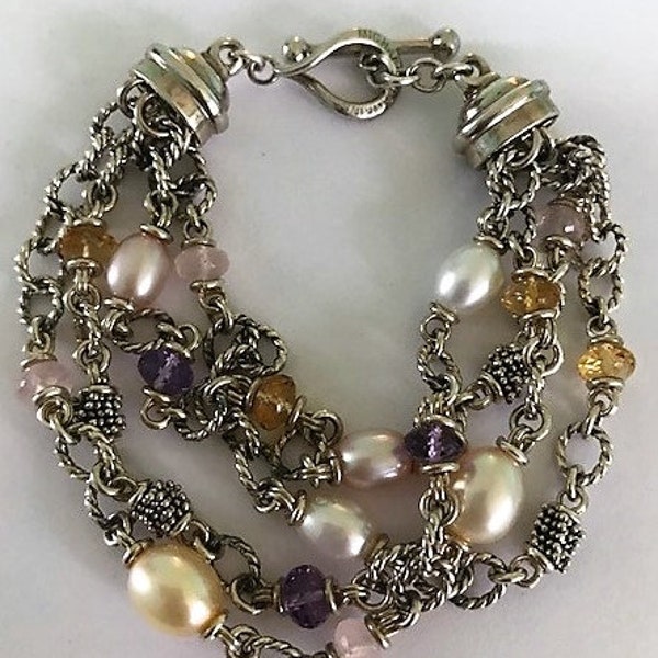 MICHAEL DAWKINS 925 Sterling Multi strand Multstone Bracelet   Amethysts Citrines Pearls  Rose Quartz - Estate Vintage