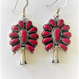 ZUNI LW Lorraine WAATSA Oxblood Red Coral Sterling 925 Pierced Earrings - Squash Blossom Red Coral
