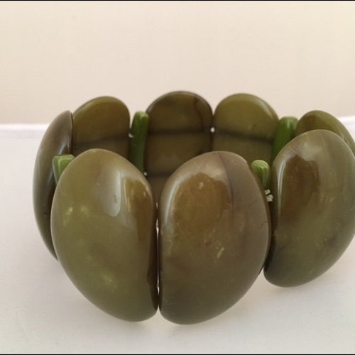 BAKELITE OLIVE GREEN Cuff Bracelet - Stretch - Olive Marbled Green hotsell Color