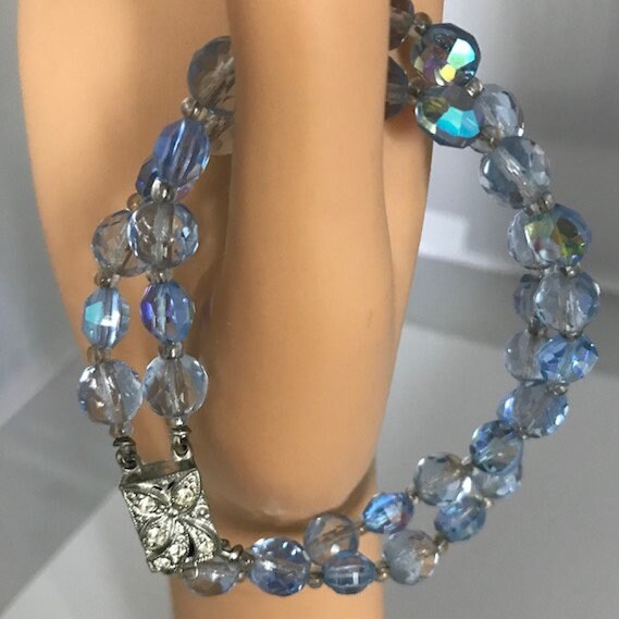 BLUE CRYSTAL Bead Bracelet With Rhinestone Clasp Aurora Borealis