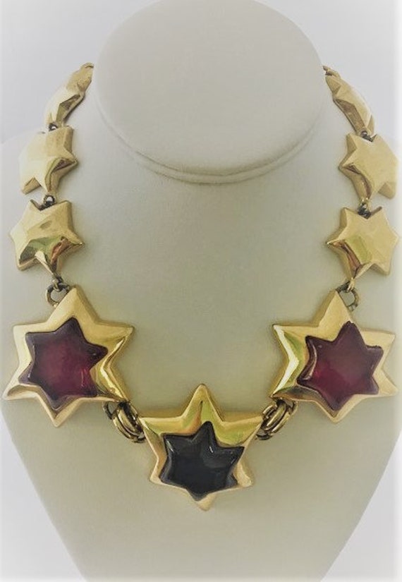 STARS CHOKER Necklace - RED Large Stars - Goldton… - image 9