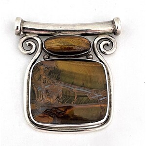 TIGERS EYE Sterling 925 SLIDE Pendant - Large - Tiger Eye Stones - Estate Vintage