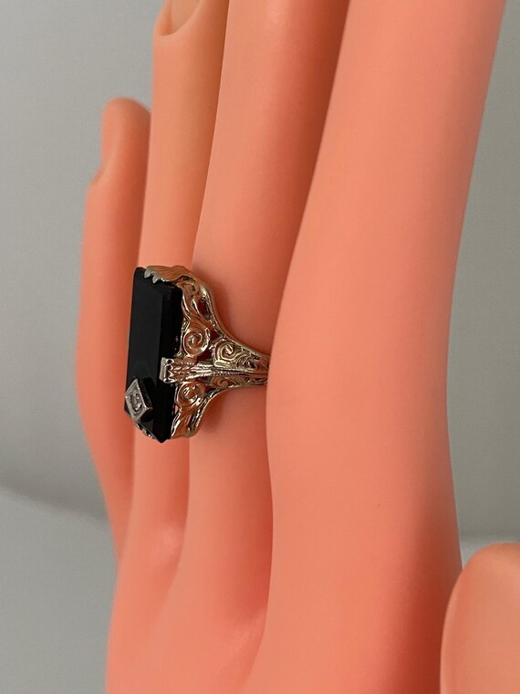 Gold 18K Onyx Rectangular Stone with Diamond Ring… - image 3