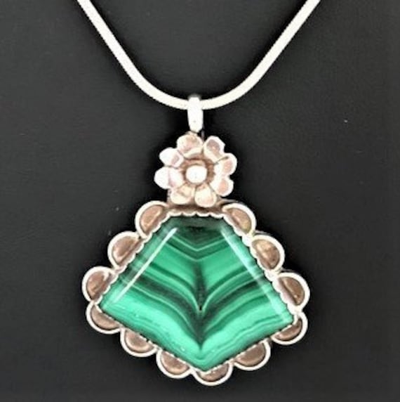 WP Wilson Padilla Sterling 925 Malachite Flower Pendant - Navajo - Native American -Estate Vintage