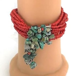 RED CORAL Seed Bead and Turquoise Multi Strand Bracelet - MALEE - Estate Vintage