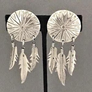 DREAM CATCHER FEATHERS Two Trees 925 Sterling Silver Clip Earrings - Mexico - Native American Motif - Clip ons - Estate Vintage