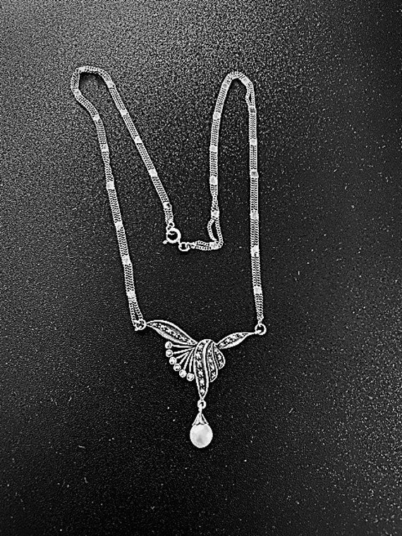 MARCASITE 925 Pearl Lariat Necklace - Art Deco - A