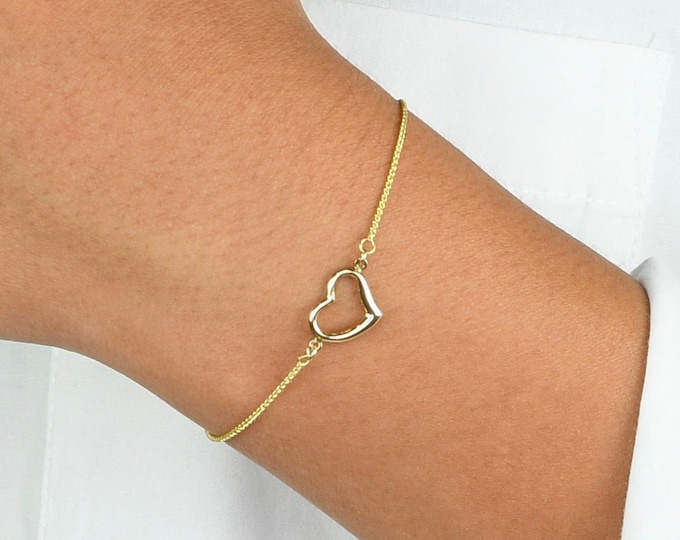 14k Gold Heart Bracelet - Adjustable Heart Bracelet. 14k yellow gold bracelet. 14k rose gold bracelet, 14k white gold bracelet