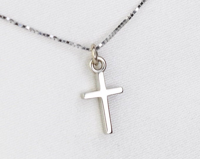 14K Solid White Gold Tiny Cross Necklace. 14K Gold Small Cross Pendant. 14k Gold 0.6mm Box Chain.