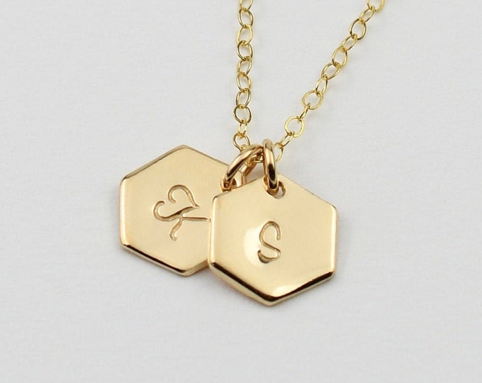 14k Gold Hexagon necklace - Hexagon Initial Necklace