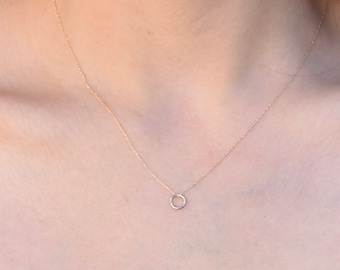 14K Solid Gold Circle Charm Necklace - 14k Gold Circle Necklace