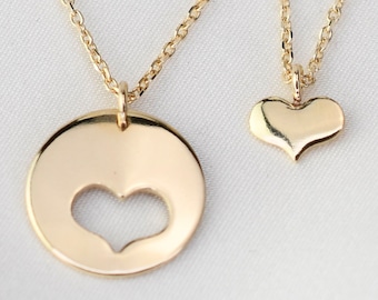 14K Gold Mother Daughter Heart Necklace Set: Matching Jewelry Gift