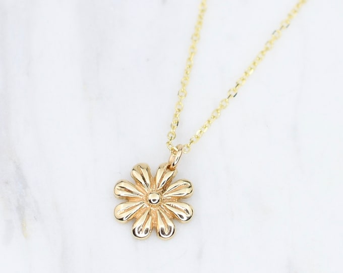 14K Gold Flower Necklace - 14K gold petite flower charm - 14K Gold Adjustable Necklace