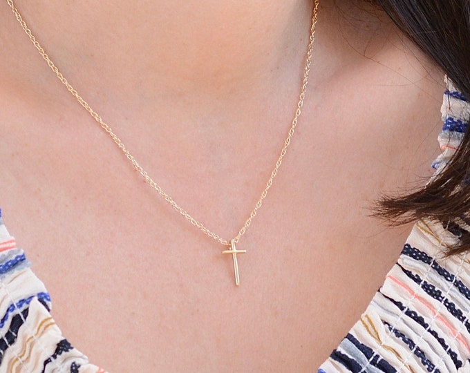 14K Solid Gold cross necklace. 14K gold petite cross necklace. 14K gold small cross charm necklace.