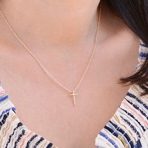 14K Solid Gold cross necklace. 14K gold petite cross necklace. 14K gold small cross charm necklace.