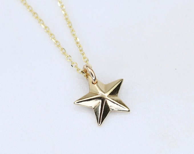 14K Gold Small Star Necklace, 14K Gold Tiny Star, Gold Star Charm Pendant