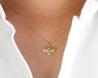 14K Solid Gold Honey Bee Necklace, 14K Gold Tiny Honeybee, Gold Bumble Bee Charm Pendant