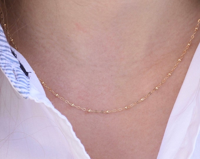14K Gold Satellite Necklace • 14K Gold Bead Chain • Delicate Gold Ball Choker