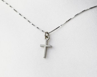 14K Solid White Gold Tiny Cross Necklace. 14K Gold Small Cross Pendant. 14k Gold 0.6mm Box Chain.