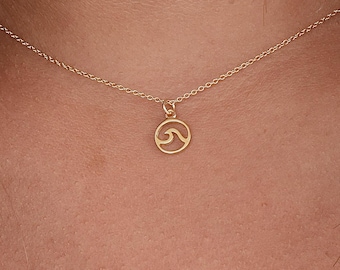 14K Solid Gold Tiny Wave Charm Necklace. Gift for a little surfer girl
