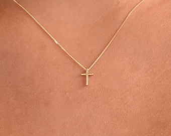 Dainty 14K Solid Gold Cross Necklace: Minimalist Curb Chain