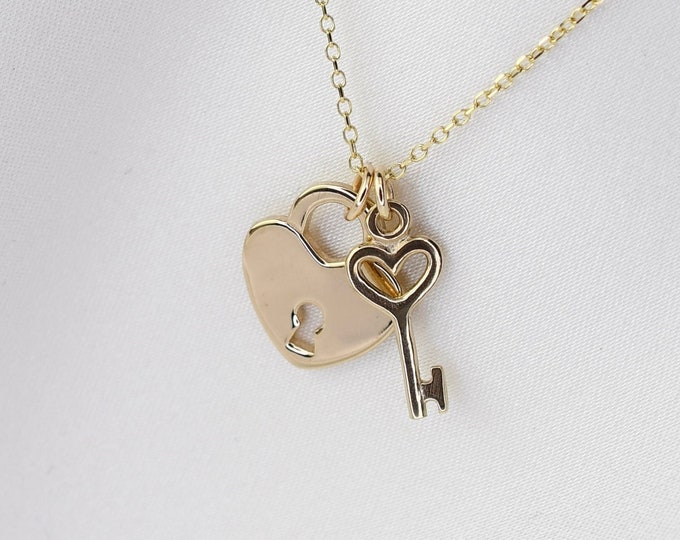 14K Gold Heart Key and Heart Lock Necklace