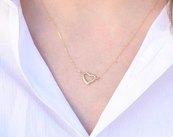 14k Gold Heart Necklace - 14k Gold Adjustable Heart Necklace