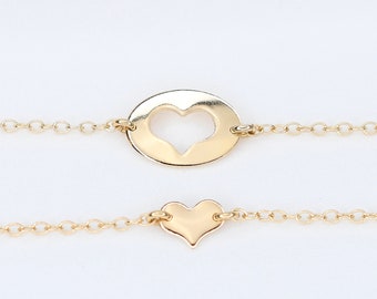 Mother Daughter 14k Gold Bracelet set. Mother daughter gift. 14K gold heart necklace set. Mother Gift.