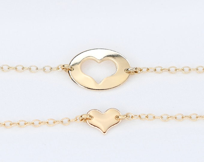 Mother Daughter 14k Gold Bracelet set. Mother daughter gift. 14K gold heart necklace set. Mother Gift.