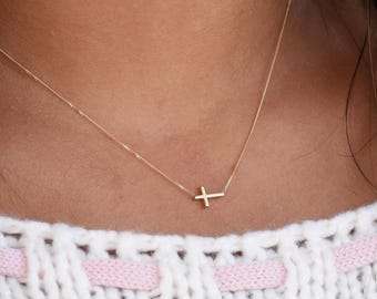 14K Gold Dainty Tiny Sideway Cross Necklace — Delicate Sideway Cross Necklace