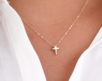 14K Gold Dainty Tiny Cross Necklace — Delicate Floating Cross Necklace