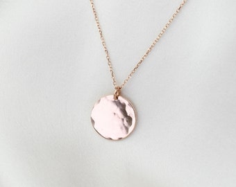 14k Solid Rose Gold Coin Necklace - Hammered gold disc necklace