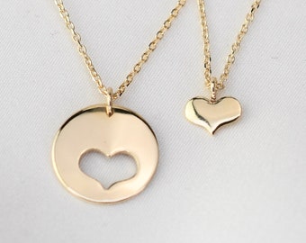Mother Daughter Necklace Set. Mother daughter 14K gold heart necklace set. Mother Gift.