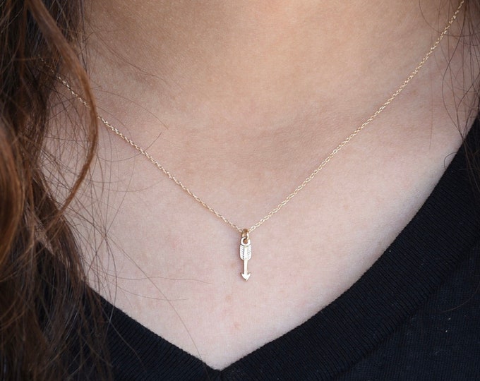 14K Solid Gold Tiny Arrow Charm Ultra Dainty Necklace. Adjustable necklace