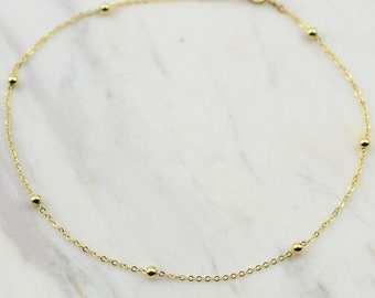 14K Gold Dainty Chain Bracelet - 14K Gold Cable Chain with Beads Bracelet - 14K Solid Gold Bracelet