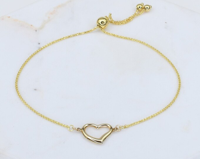 14k Gold Heart Bracelet - Adjustable Heart Bracelet