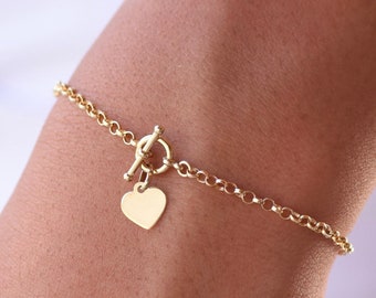 14K Gold Heart Toggle Bracelet. 14K Gold Rolo Chain Bracelet